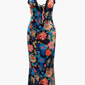 Micas Floral Print Lace Trim V-Neck Maxi Dress
